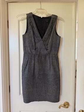 Banana Republic Gray Pleated V-Neck Midi Sheath Dress